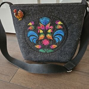 'Holy Cluck' Handmade Embroidered Gray Wood Crossbody Bag + Hen Brooch
